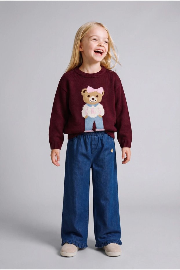 Baby Girl's Ruffle Hem Heart Embroidered Wide Leg Trousers I3988A526WN