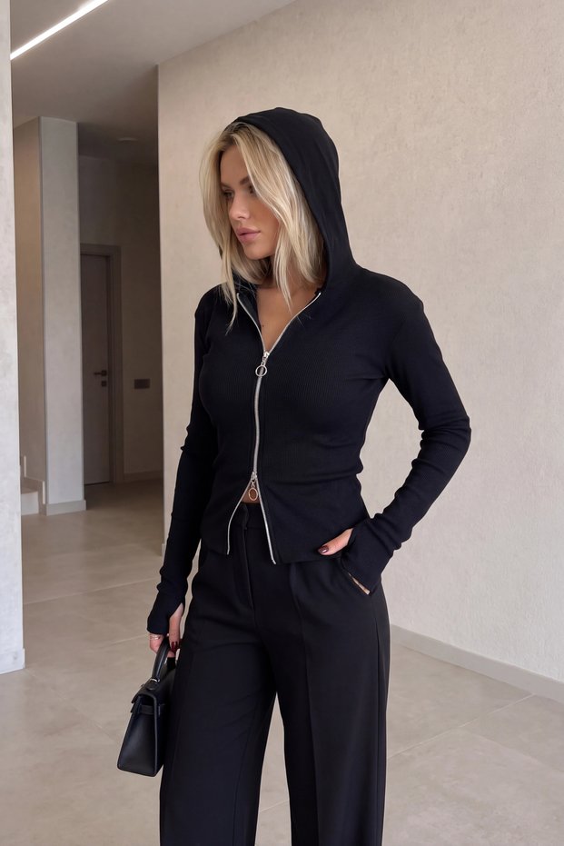Women's Black Double-Sided Zippered Hooded Ribbed Cardigan with Finger-Loop Detail