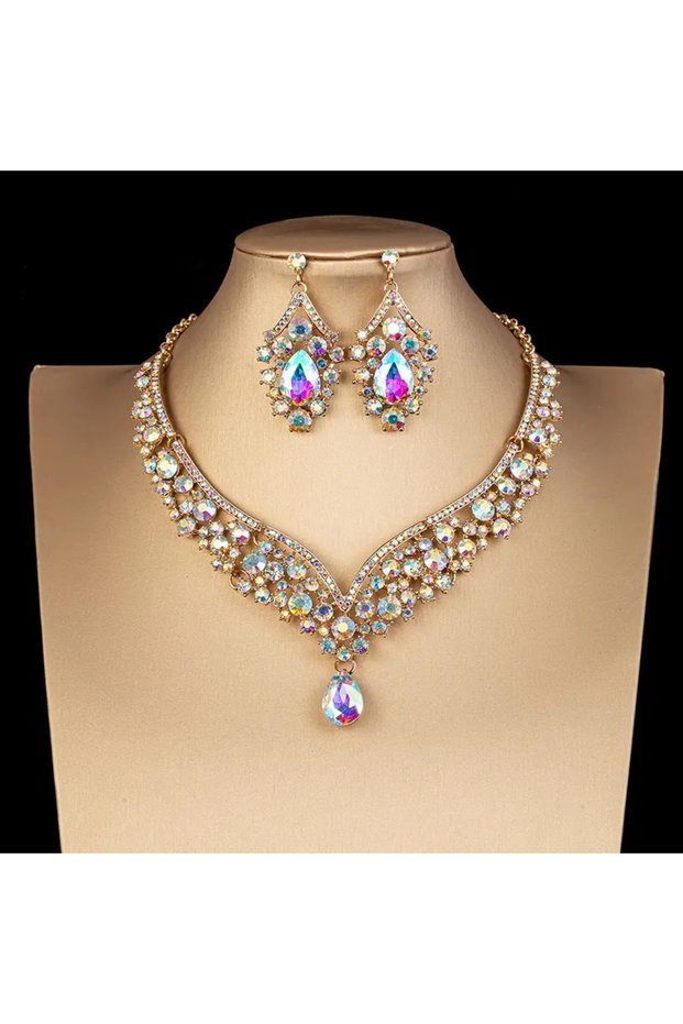Gold Luxury Crystal AB Color Choker Necklace Earrings Set Rhinestone Bridal Jewelry Sets for Bride W