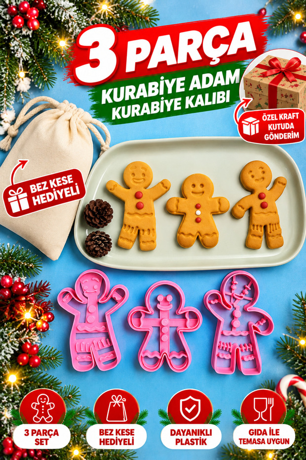 Gingerbread Man Cookie Cutter Set, 3-Piece Gingerbread Man Cookie Mold Set, Cookie Cutter Set, Dough Cutter, Play Dough Shaper.