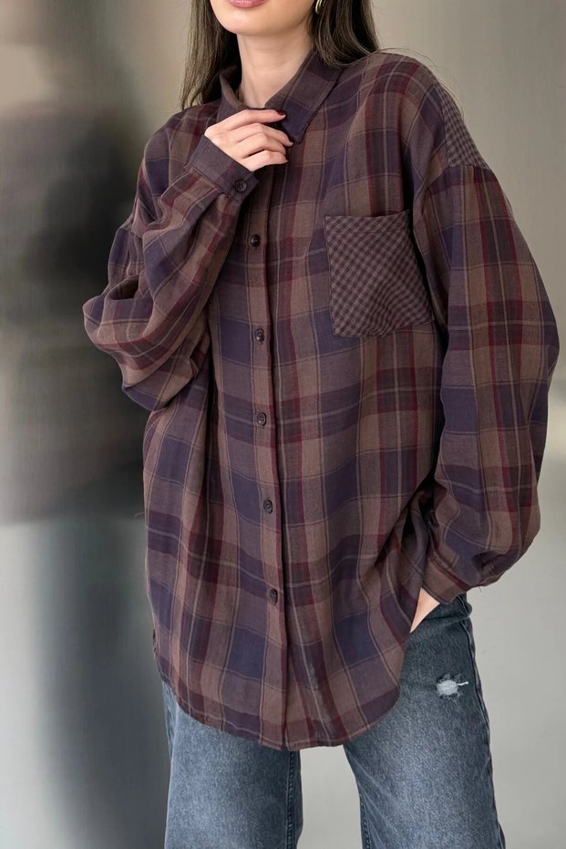 Dark Brown Plaid Patterned Oversize Shirt Per5163