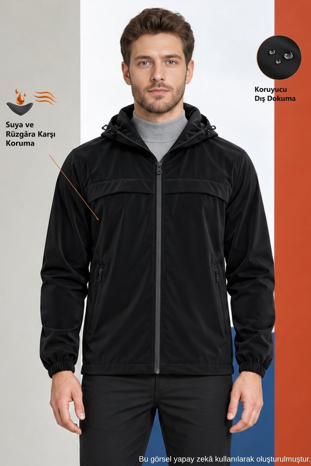 Men's Black Hooded Nova Fabric Lightweight and Durable Stylish Seasonal Water and Windproof Raincoat