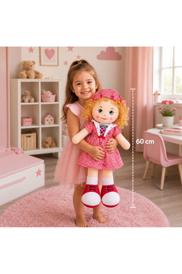 Cloth Doll with Strawberry Dress Pattern—Plush Toy, Gift for Girls, 60 cm, RED/YELLOW