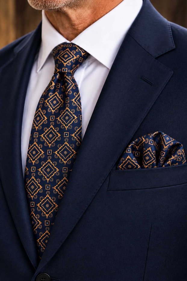 Navy Blue Motif Patterned Classic Tie with Handkerchief Kk13576