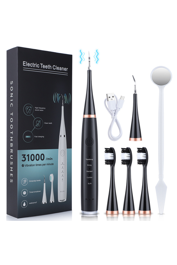 black 6 in 1 Ultrasonic Dental Cleaner Scaler Dental Tartar Remover Electric Toothbrush Sonic Teeth