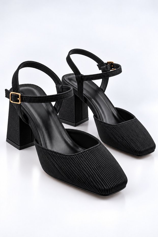 Women's Black Square Toe 7 cm Thick Heeled Ankle Strap Stylish Evening Dress Shoes New Season 2026