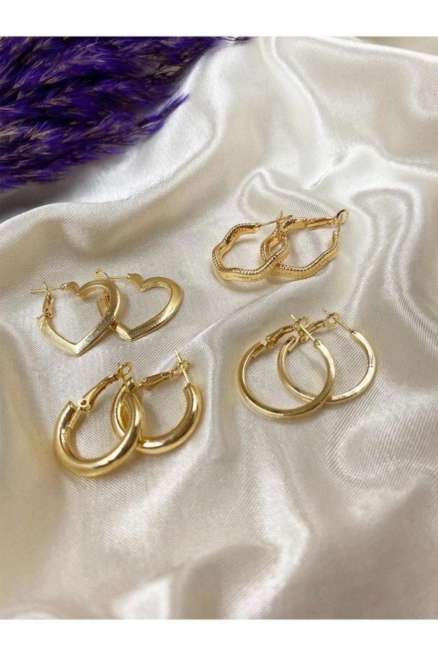 Gold Color 4 Pair Heart, Snake Back, Classic and Special Design Clip Hoop Earrings