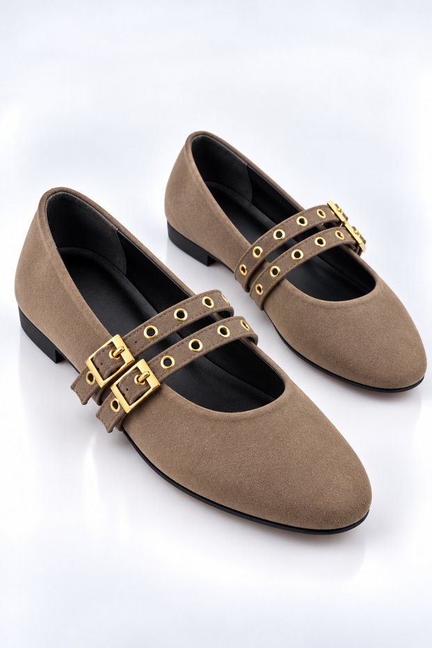Mink Suede Color Studded Double Buckle Women's Ballerinas | Daily Comfortable Flat Sole Mary Jane Shoes Fashion