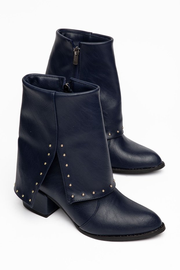 Women's Pointed Toe Navy Blue Leather Detailed Heeled Boots