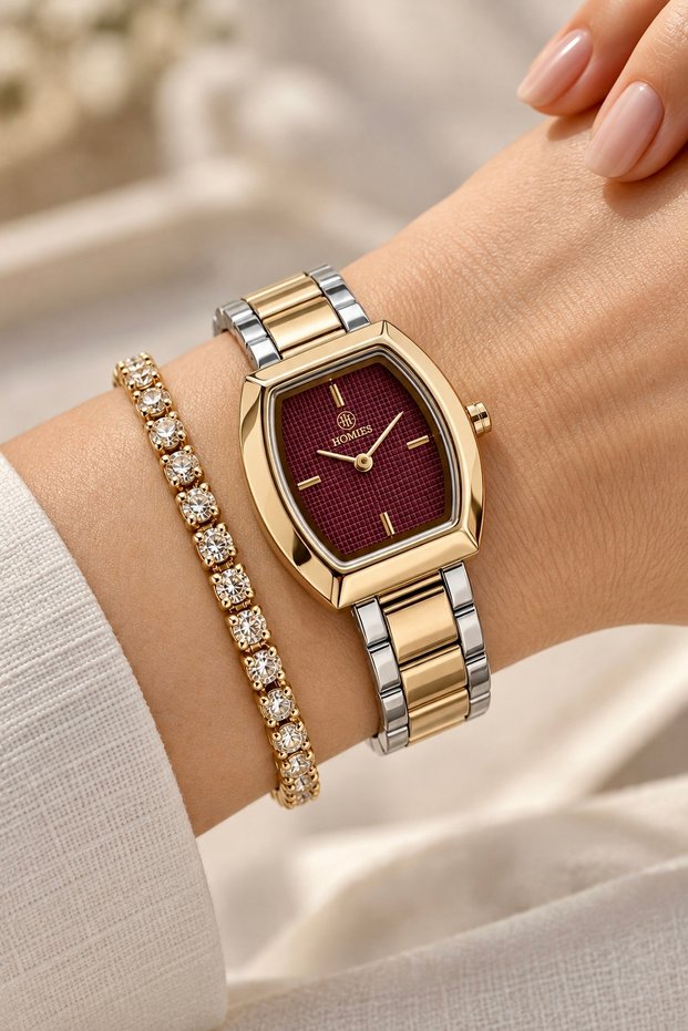 Original Women's Watch - 3 Atm Water Resistant - Gold, Silver, and Burgundy Steel Strap - Japanese Movement - 2-Year Warranty - Stylish Gift Boxed Wristwatch Hmby2094C1
