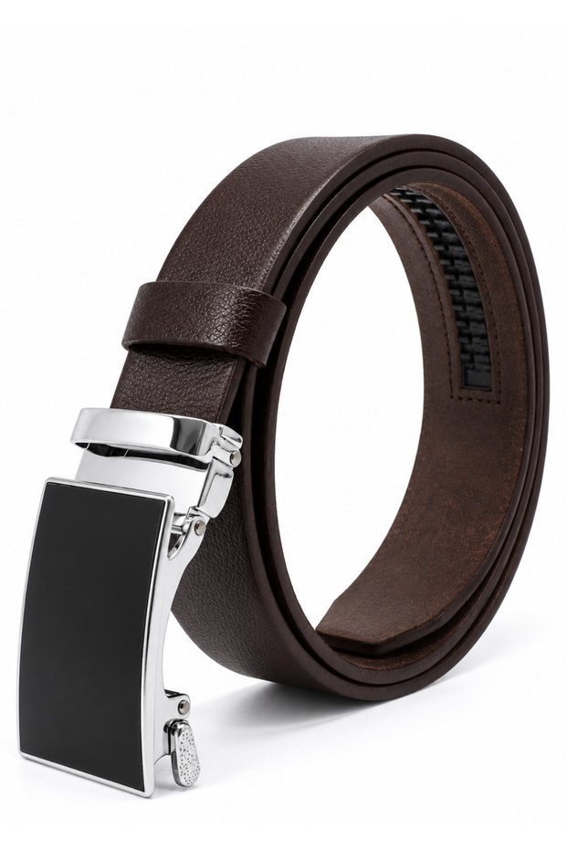 Automatic Buckle, No-Hole, Classic Men's Belt Made of Buffalo Leather, Brown.