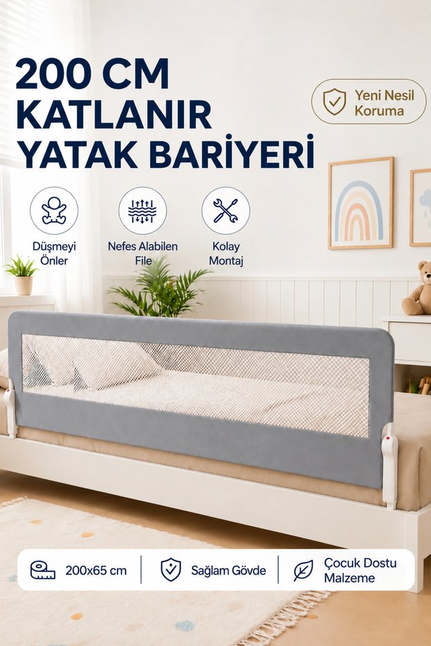 200 cm Bed Rail - Extra Large Safety Rail, Protective Rail, Baby Rail - Large Size - Grey.