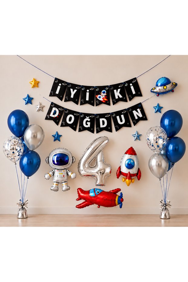 Party Mini Space-Themed Birthday Balloon Set – Astronaut, Rocket, and 4-Year-Old Number Foil Balloon.