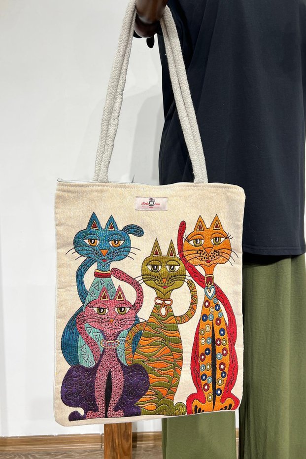 Women's Ethnic Shoulder Bag 4 Cat Patterned Tapestry Woven
