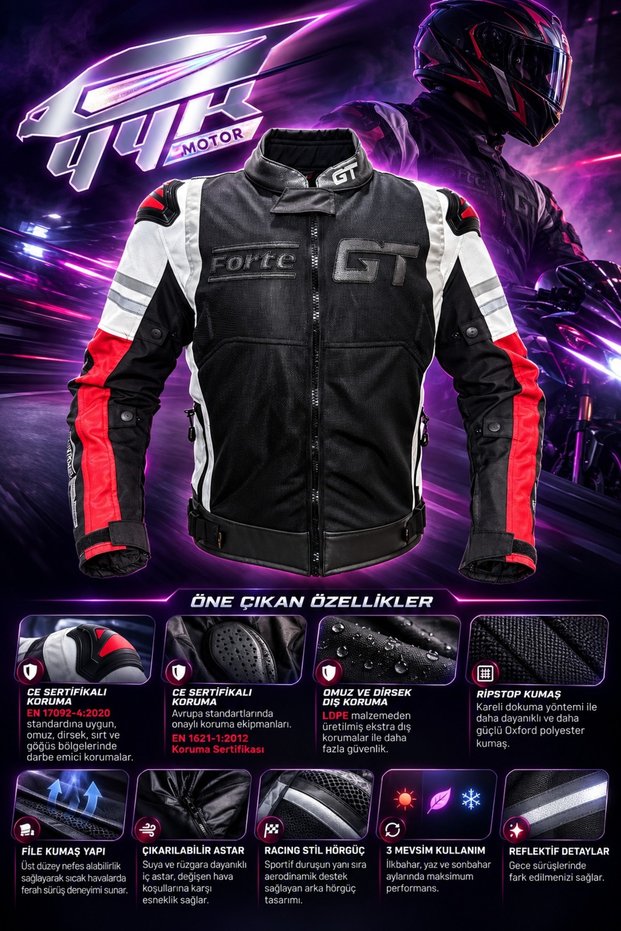 Forte GT Titan Motorcycle Jacket, High-Visibility Red and Black, 4-Season