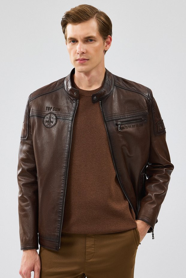 Kawhi Men's Brown Slim-Fit Embroidered Leather Coat 20Sgd6351Bt