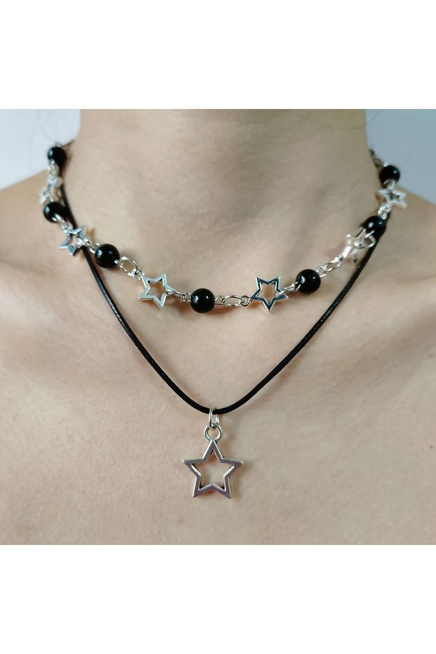 1 Fashion Double Layered Black Bead Star Choker Necklace Punk Pentagram Leather Rope Necklaces For W