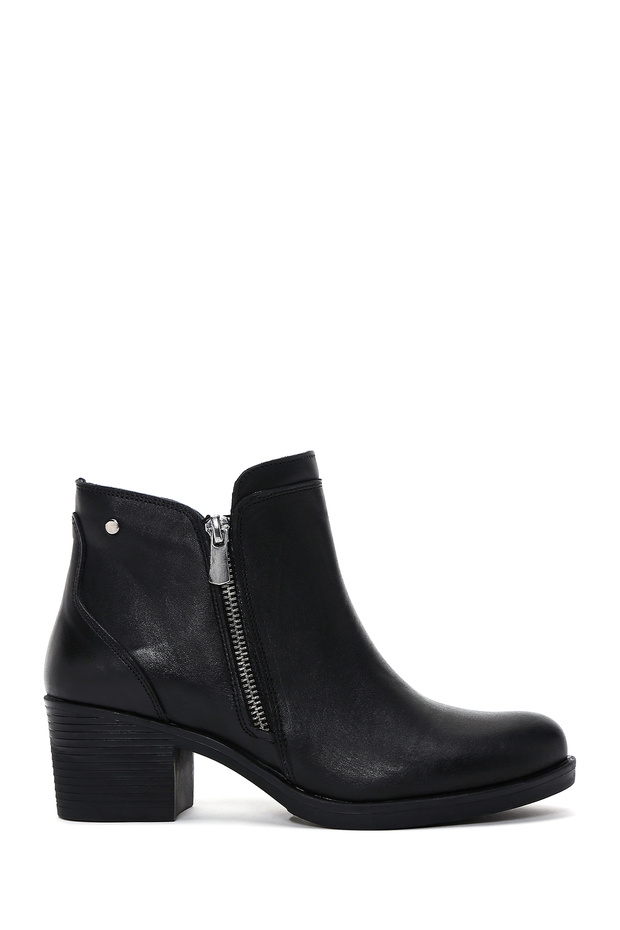 Women's Black Zippered Heeled Leather Boots Wf410009Dv