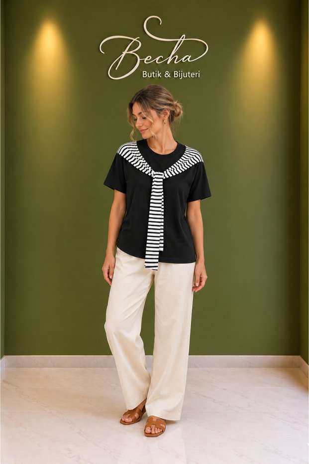 Combed Cotton T-Shirt with Belt on the Front
