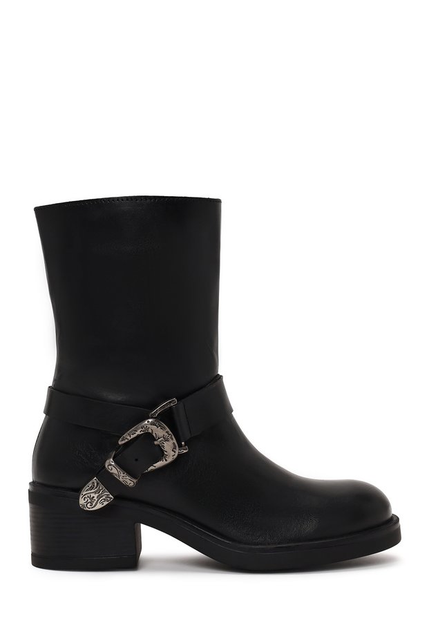 Women's Black Zippered Thick Heeled Leather Boots Wf190060Dv