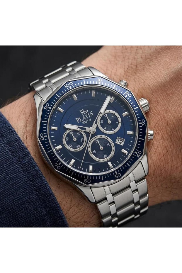 SILVER STEEL BRACELET, NAVY BLUE, FUNCTIONAL, SOLID CASE, MEN'S WATCH