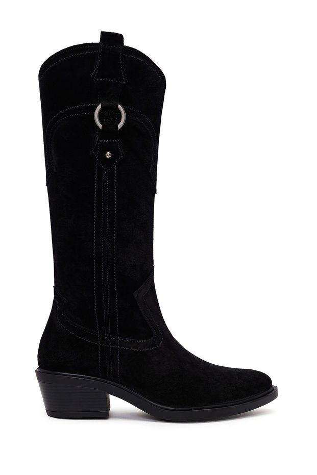 Women's Black Short Thick Heeled Suede Leather Cowboy Boots Af190037Ds