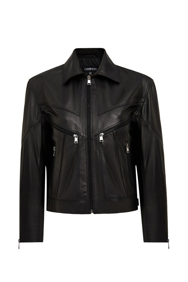 Vanessa Women Black Shirt Collar Short Oversized Leather Jacket 25Wgd5325U4