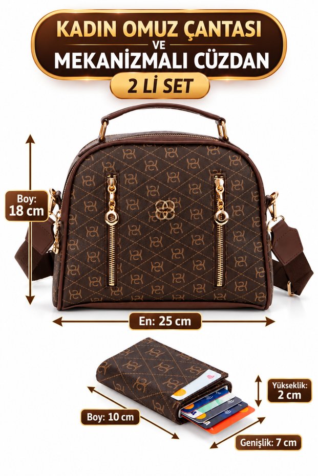 Women's Patterned Daily Crossbody Bag – Black Wallet with Gold Zipper Detail and Card Holder