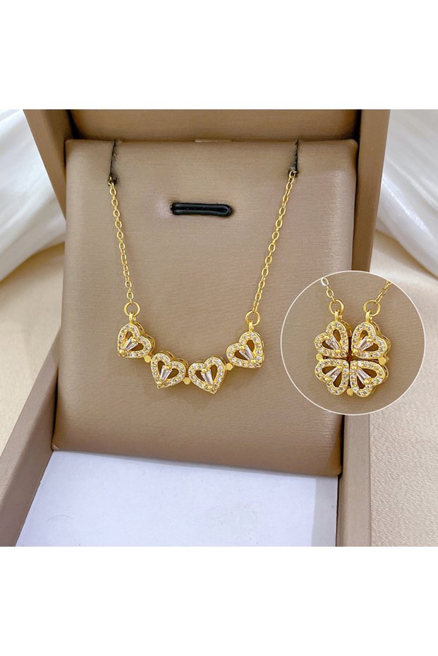 Gold color Stainless Steel Magnetic Love Pendant Necklace for Women, Heart Shaped Clover Necklace, P