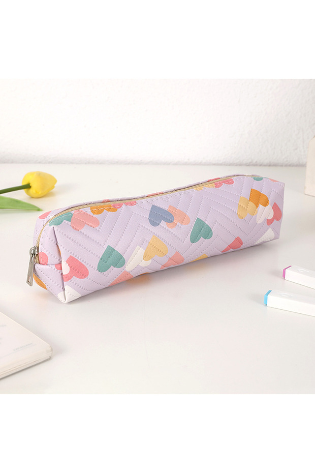 purple 1 PC Heart Pattern PU Waterproof Pencil Case, Student School Supplies Fashion Portable Pencil