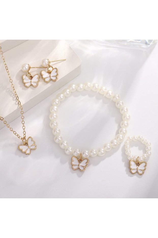 White 4 Set Butterfly Ring Pendant Necklace Bracelet Earrings Set for Women Girls Simulated Pearl Go