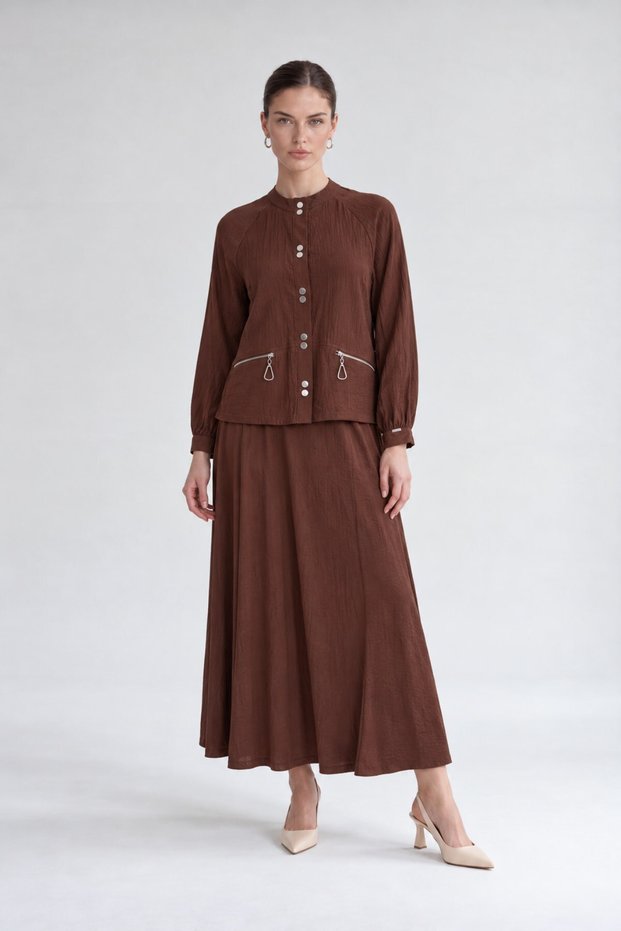 Two-Button Skirted Suit with Buckle Detail in Brown