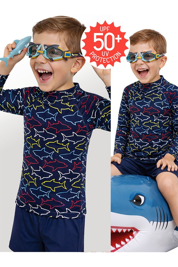 Uv Protection Boys' Swimsuit T-Shirt Uvp+50 Factor Protection Long Sleeve Shark