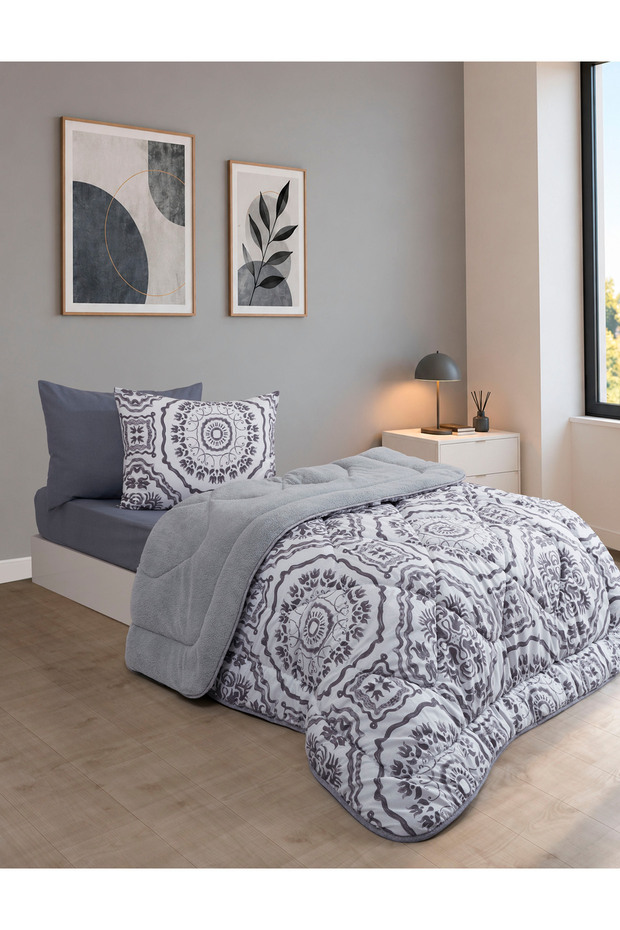 Single-Person Set: Reversible Plush Welsoft Fleece Puff (Duvet + Fitted Sheet + 2 Pillowcases)