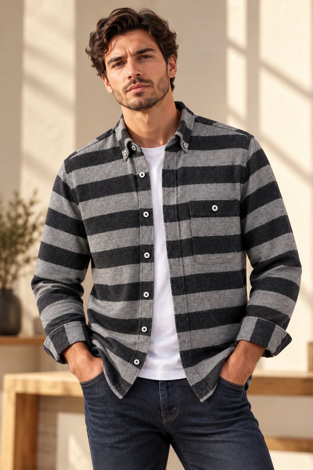 Men's Striped Lumberjack Shirt, Button-Down, with Pockets, Thick Fabric, Casual Shirt.