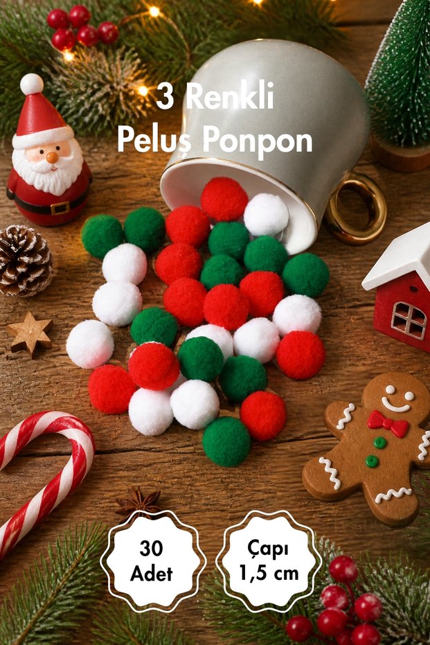 New Year's Decoration - 30 Assorted Plush Pom-Poms (1.5 cm) - 10 each of red, green, and white pom-poms