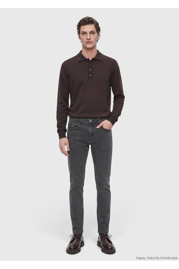Anthracite Straight Slim Fit Denim Cotton Blended Trousers