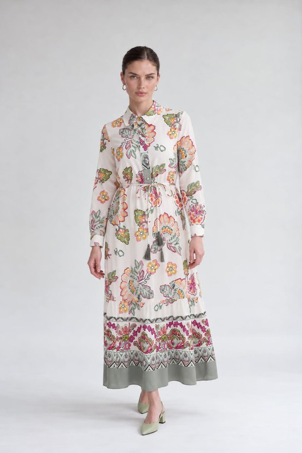 Shirt Collar Patterned Dress, Ecru
