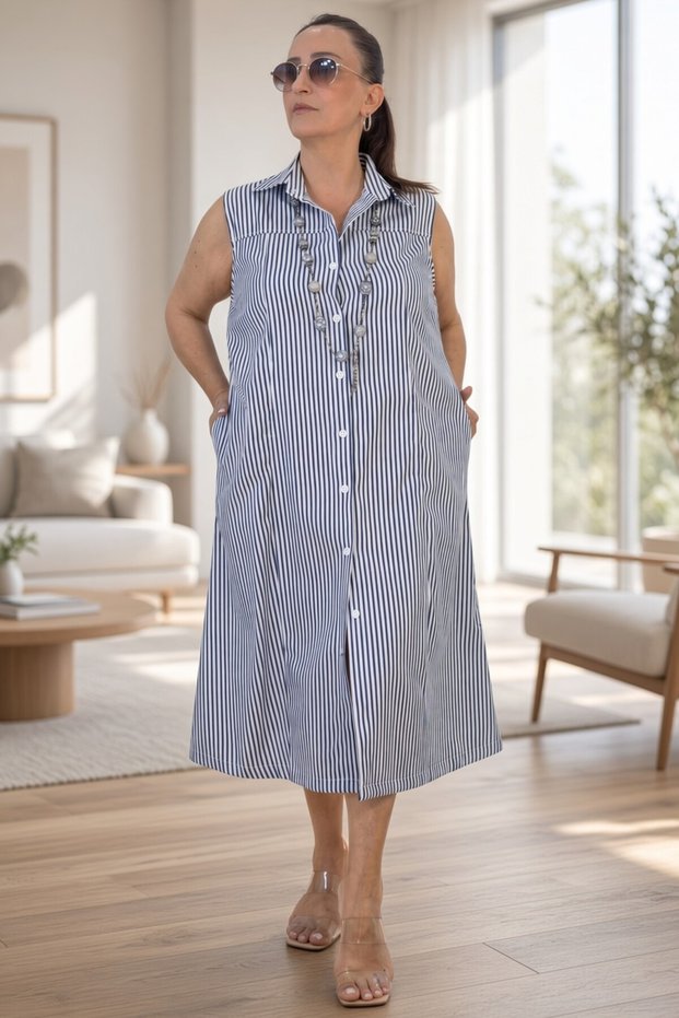 Front Buttoned Shirt Collar Jopone Sleeves (Sleeveless) Striped Patterned Bell Cut Plus Size Denim Fabric Dress