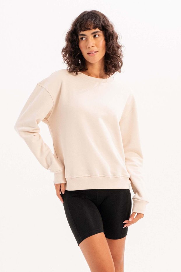 Crew Neck Basic Pattern Beige Women's Sweatshirt Tracksuit Top - Aura