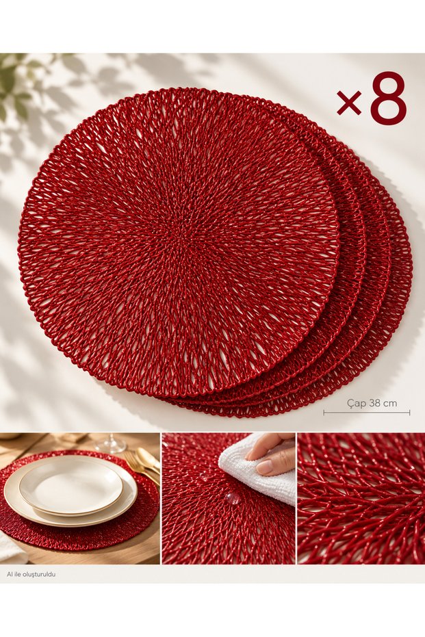 Set of 8 Red Mesh Placemats with Mesh Pattern—Vinyl, Non-Slip, Washable, Heat-Resistant
