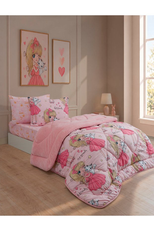 Single-Person Set: Reversible Plush Welsoft Fleece Puff (Duvet + Fitted Sheet + 2 Pillowcases)