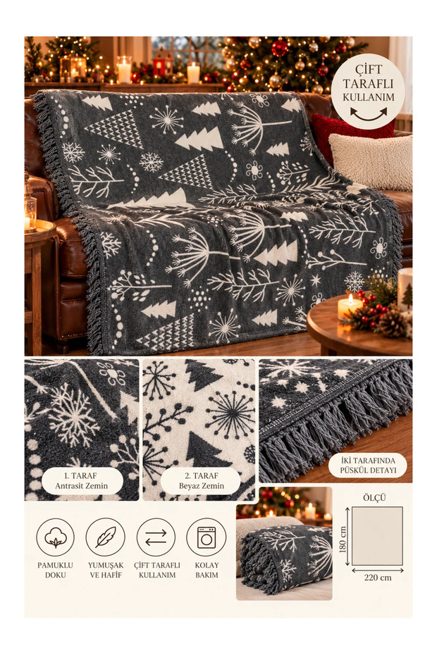 Tree and Branch Patterned Cotton Double-Sided Tassel Double Blanket 180X200 cm