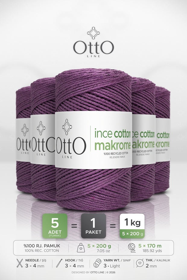 FINE COTTON MACRAMÉ • Light Plum • Pack of 5 × 200 g / 170 m • 2 mm • Cotton Cord • Macramé, Bags, Accessories