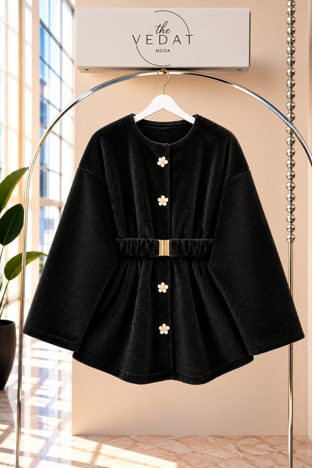 Women's Belted Coat with Button Detail -0700 Black