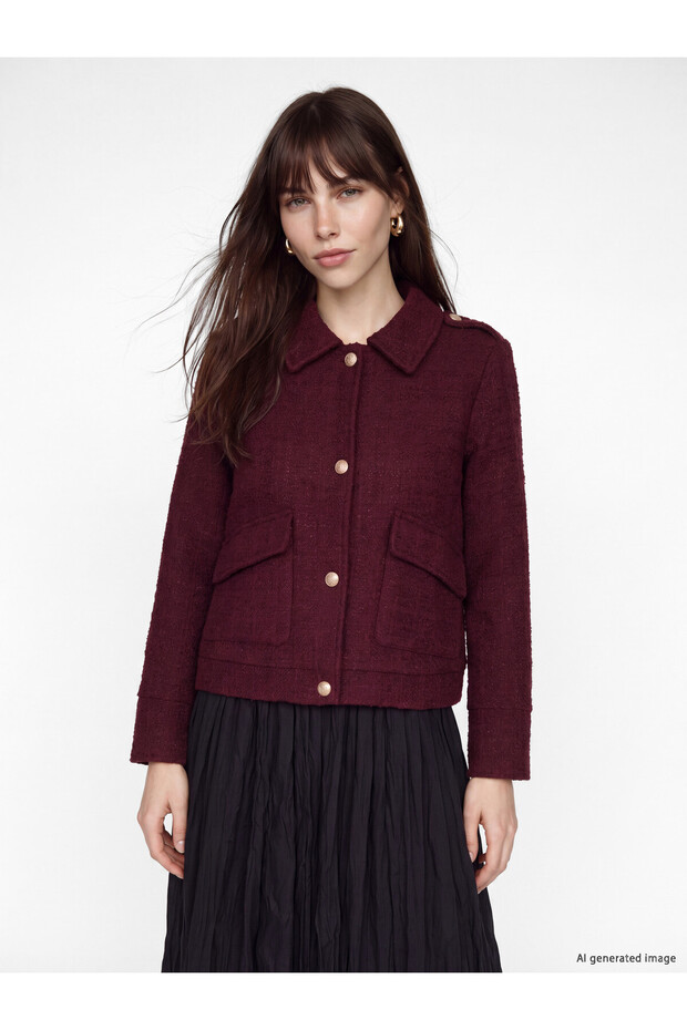 Peak New Season Burgundy Shirt Collar Women's Tweed Jacket