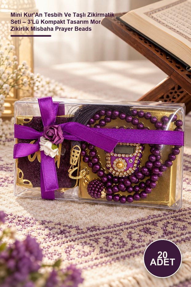 20 Pieces Mini Quran Prayer Beads and Stone Zikirmatik Set – 3-Piece Compact Design Purple Zikirmatik Misbaha Prayer Beads
