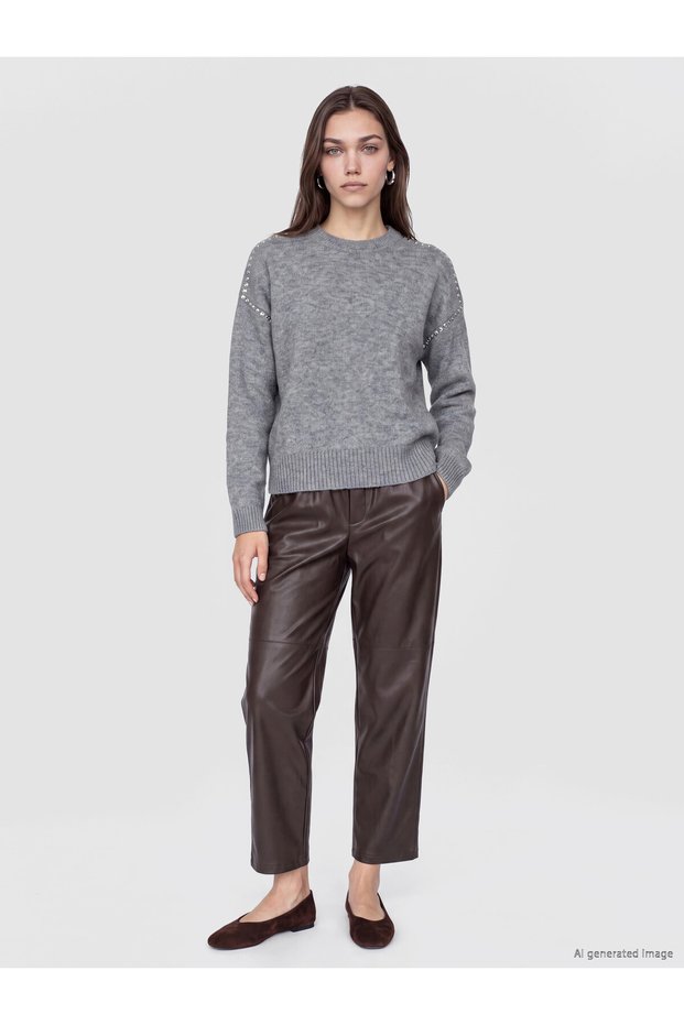 Özmarka New Season Brown Women's Trousers with Elastic Waist