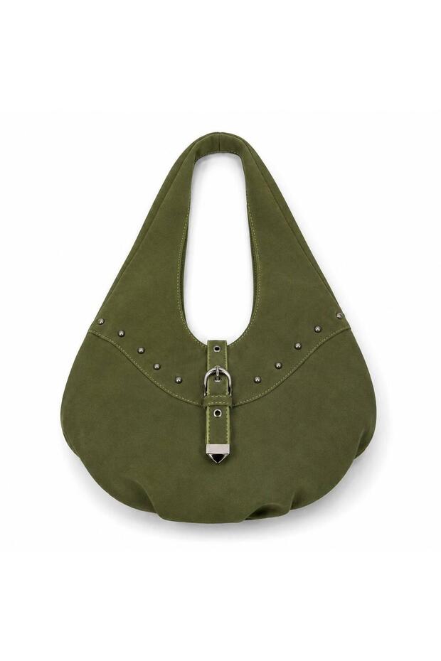 Large Size Metal Staple Detailed Belt Buckle Lock Accessory Hobo Women's Shoulder Bag