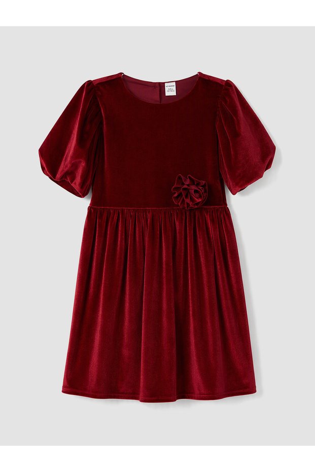 Ozmarka New Season Red Crew Neck Girls' Velvet Dress